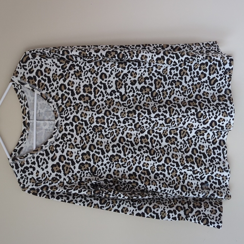 A.N.A. Leopard Animal Print Scoop Neck Long Sleeve Top LARGE Black Brown